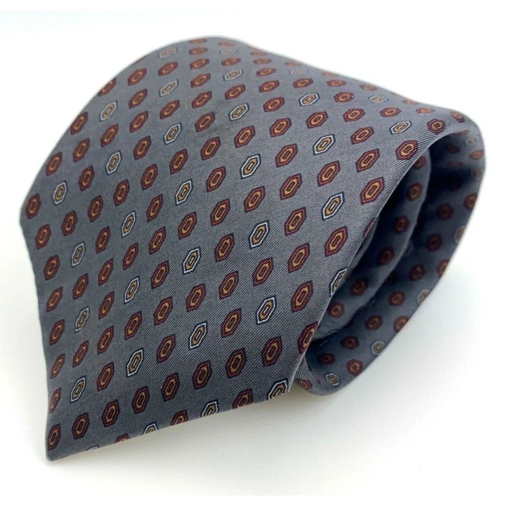 LANVIN Tie Geometric Gray Burgundy Blue White Orange Silk Mens Vintage Necktie